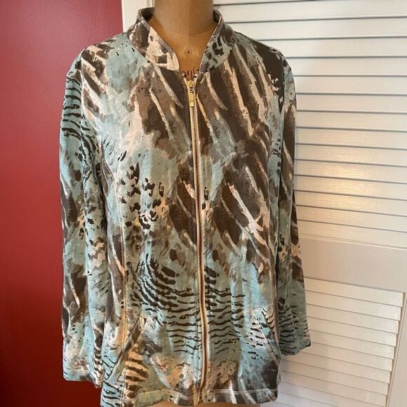 WEEKENDS BY CHICO’S | blue brown abstract pattern athletic jacket size 3 or L - Picture 2 of 5